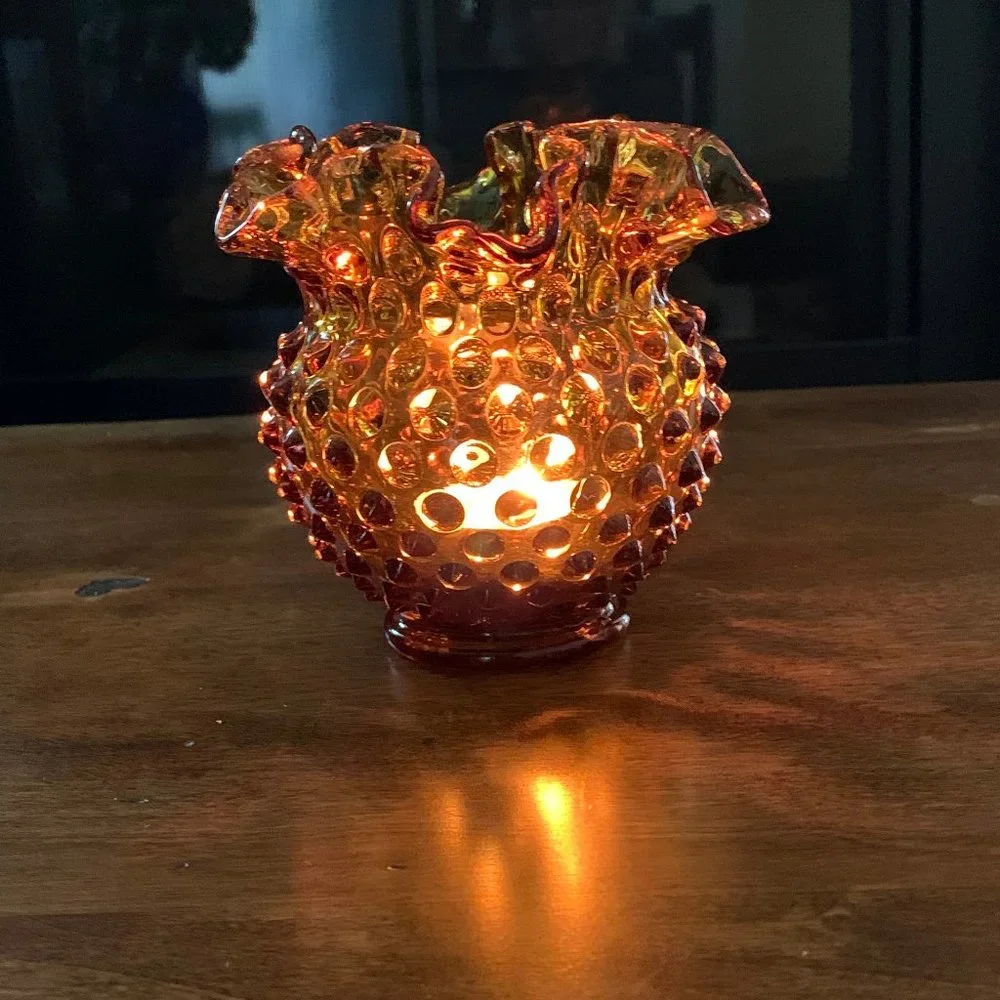 Vintage Fenton Amber Glass Footed Hobnail Vase with Ruffled Edge - Picture 10 of 12